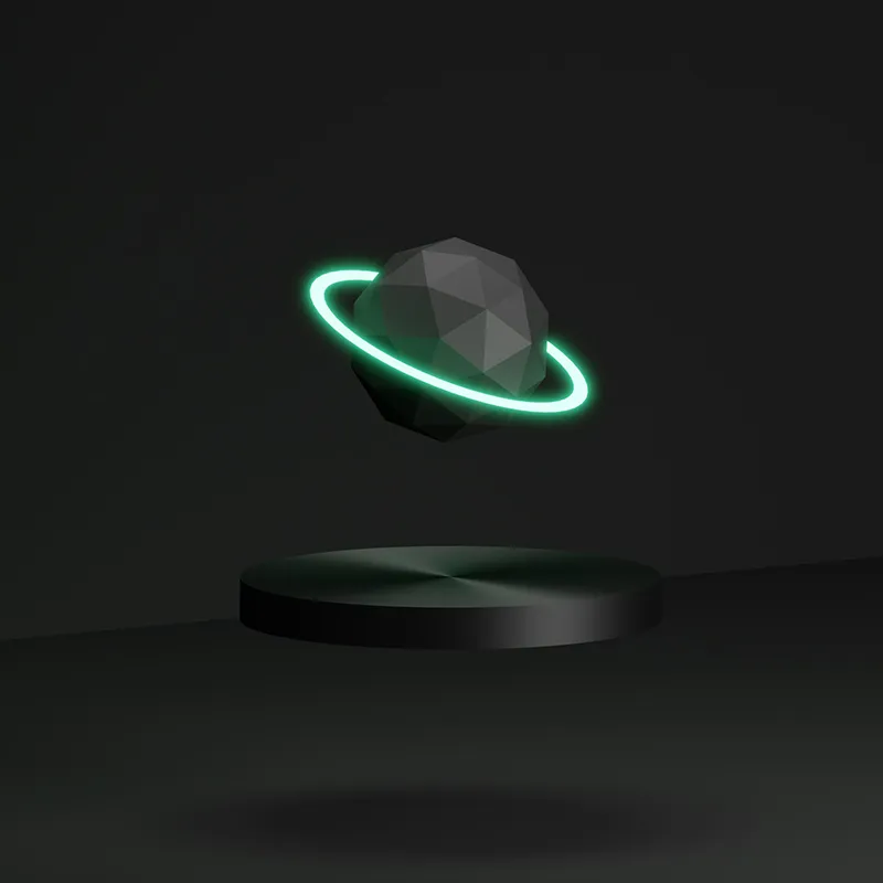 Low-poly dark gray sphere with glowing green ring floating above circular pedestal on black background.