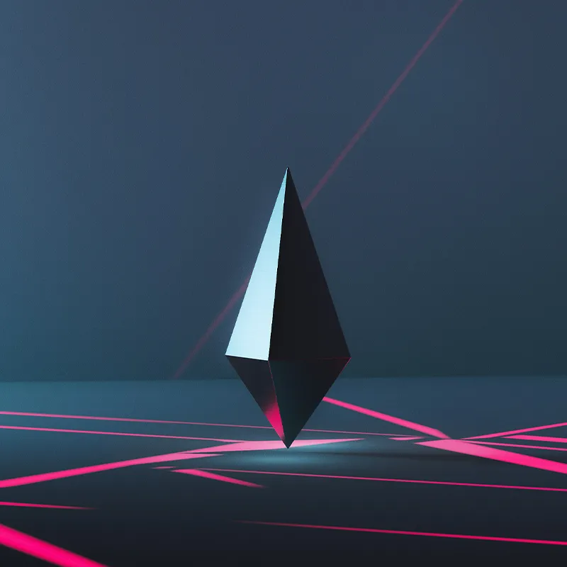 Floating black octahedron with glowing pink streaks on dark blue background.