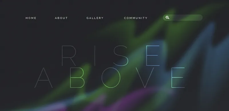 menu with Home, About, Gallery, Community and a search icon over 'Rise Above' text.