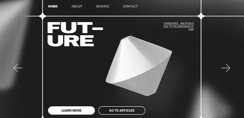 homepage with menu, futuristic text, 3D diamond shape, and buttons for learn more and articles.