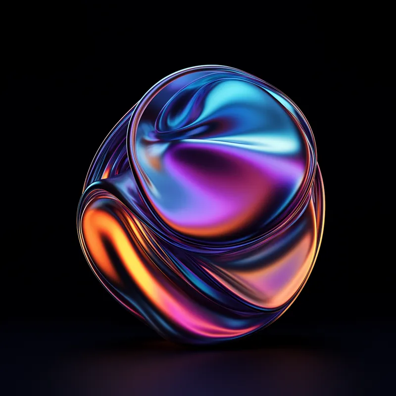 Abstract glossy orb with vibrant blue, purple, and orange swirls on a black background.