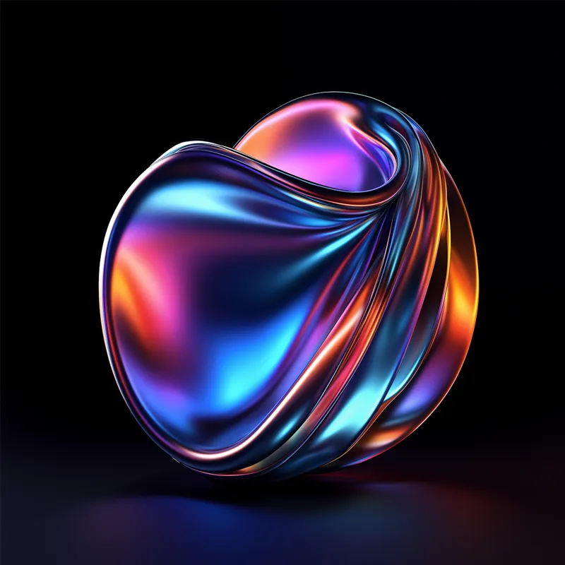 Glossy abstract 3D shape with smooth curves in blue, purple, and orange on black background.