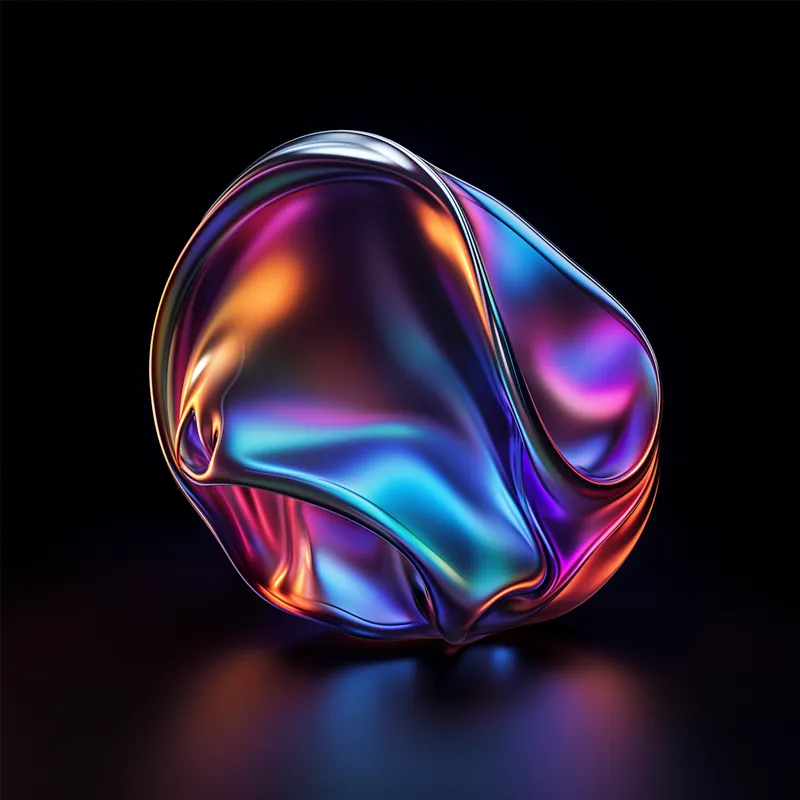 Abstract smooth metallic object with vibrant reflections in purple, blue, and orange on black background.