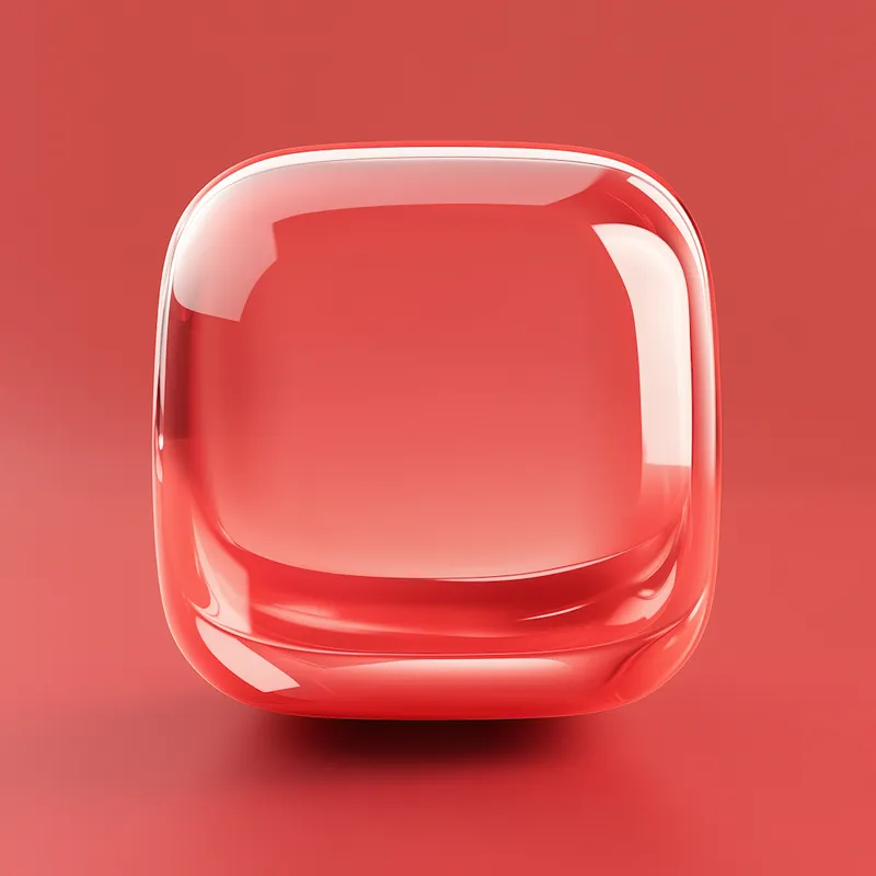 Shiny translucent red rounded square object centered on a red background.