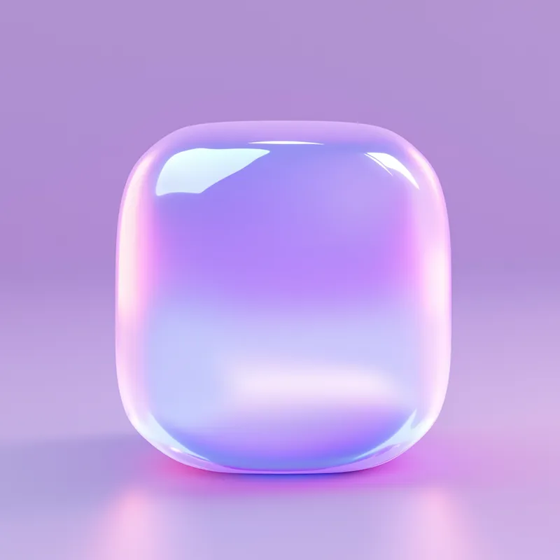 Glossy translucent purple rounded cube with soft glow on matching purple background.