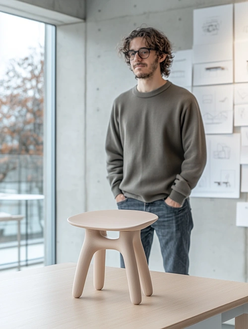 Man with glasses and curly hair observing a small beige wooden stool on a table in a minimalist room.