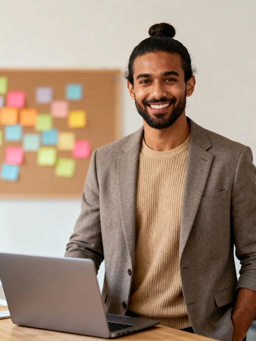 Smiling man with a bun wearing a blazer and sweater standing at a desk with a laptop, sticky notes on wall.