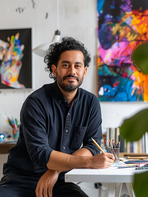 South Asian male artist with curly hair and beard sitting at a table in art studio with colorful paintings.