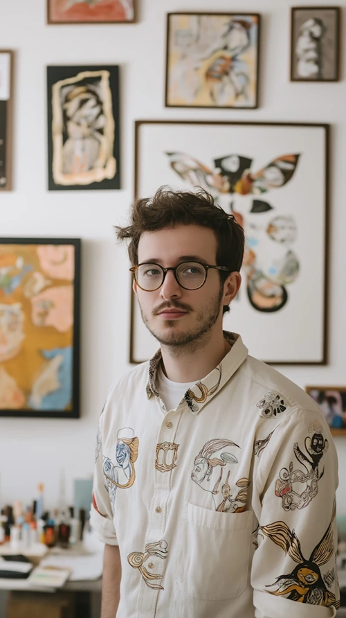 Young man with glasses wearing a shirt with artistic designs in a room with framed artwork.