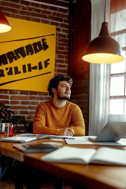 Young man in orange sweater sitting at desk looking thoughtfully out a window in a cozy workspace.
