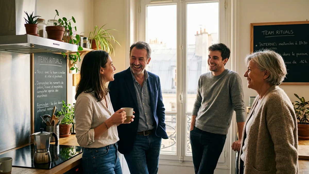 Équipe d'une PME en moment de cohésion dans son espace de pause, fidélisation des collaborateurs et protection sociale SW Courtage