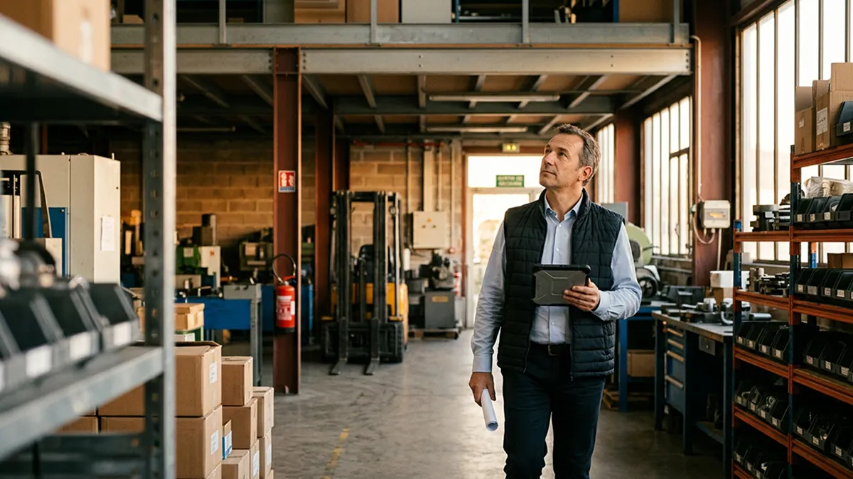 Dirigeant de PME inspectant son atelier industriel et son outil de production, multirisque pro et dommage aux biens SW Courtage