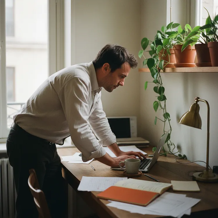 Indépendante freelance travaillant à son bureau à domicile, mutuelle TNS Madelin SW Courtage