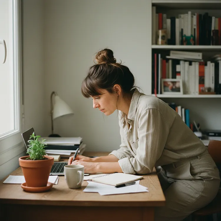 Auto-entrepreneure préparant une commande dans son atelier domestique, RC Pro et mutuelle Madelin SW Courtage