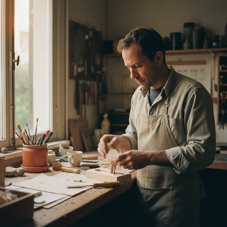 Artisan dans son atelier traditionnel en plein travail, multirisque pro et décennale SW Courtage