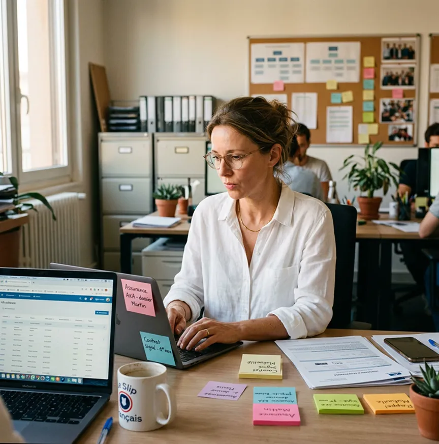 Dirigeant et responsable RH revoyant le contrat mutuelle d'entreprise, audit conformité URSSAF SW Courtage