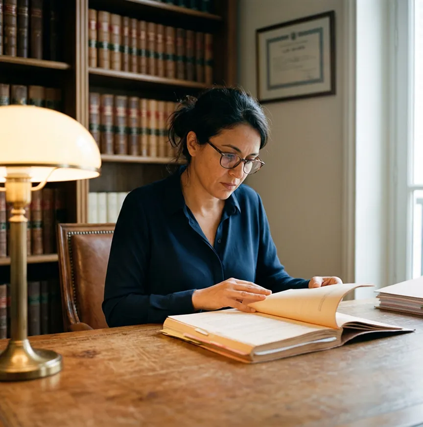 Avocate étudiant un dossier juridique au cabinet | RC Pro avocat