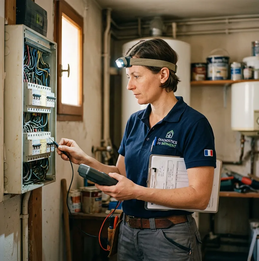 Diagnostiqueur immobilier inspectant un tableau électrique | RC Pro diagnostiqueur