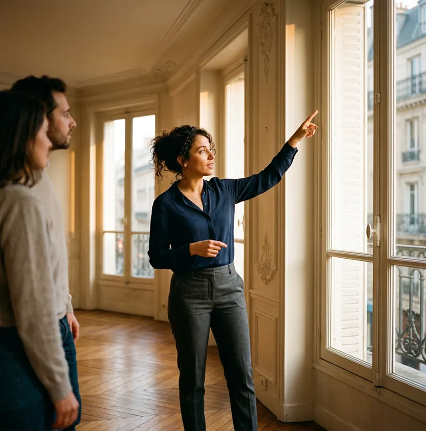 Professionnel immobilier en visite d'appartement avec clients | RC Pro immobilier
