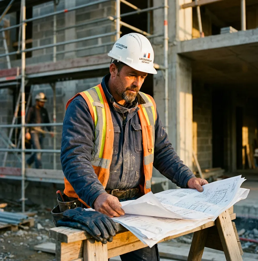 Professionnel BTP lisant des plans sur chantier | RC Pro BTP