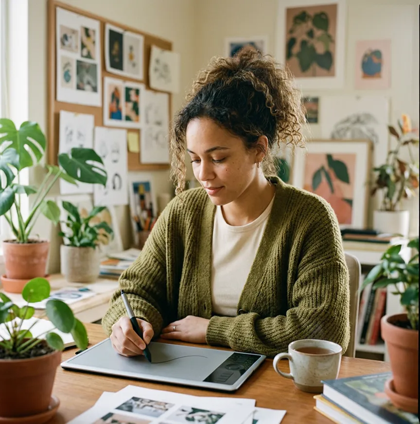 Freelance créative dessinant sur tablette dans home studio | Mutuelle freelance