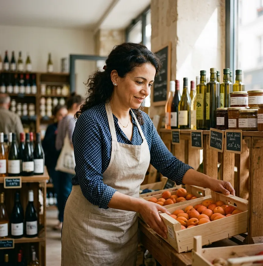 Commerçante d'épicerie fine arrangeant son étal | Mutuelle commerçant