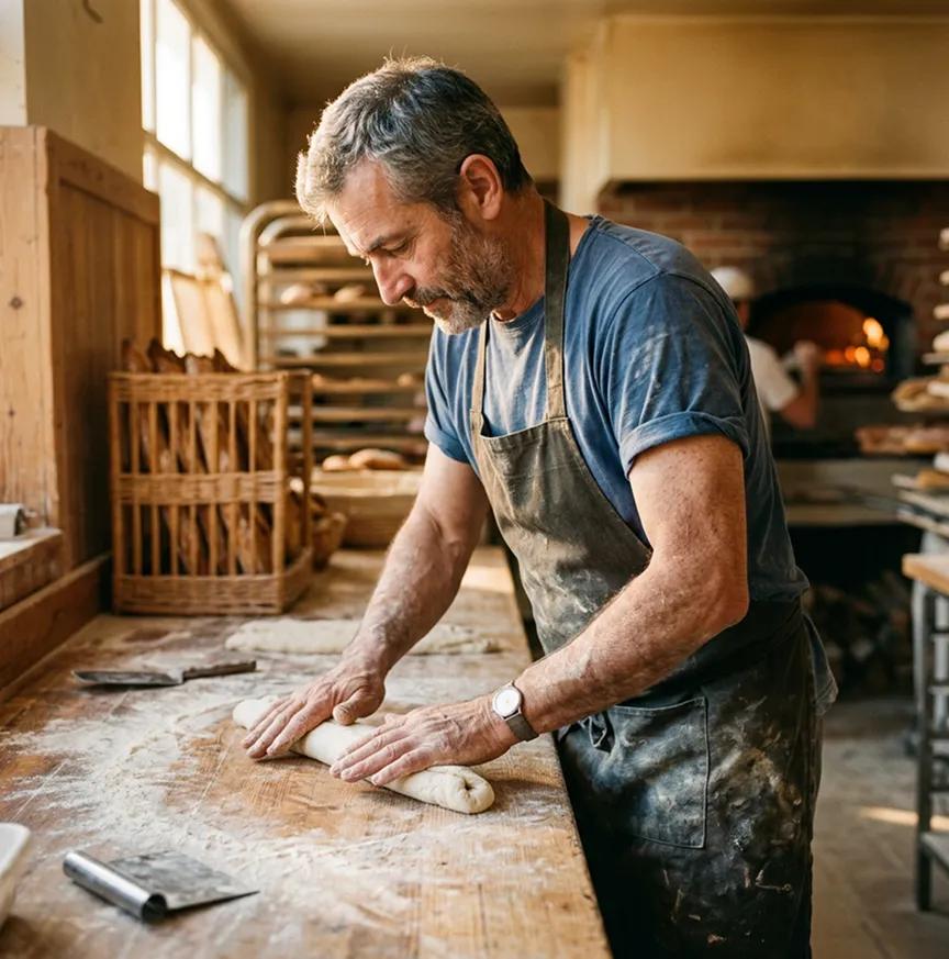 Artisan boulanger façonnant la pâte à l'atelier | Mutuelle artisan