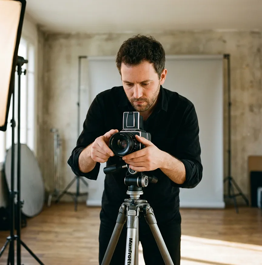 Photographe ajustant l'objectif pendant un shooting | Mutuelle photographe