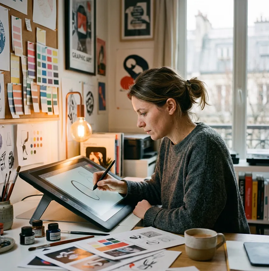 Graphiste dessinant sur tablette dans son studio | Mutuelle graphiste