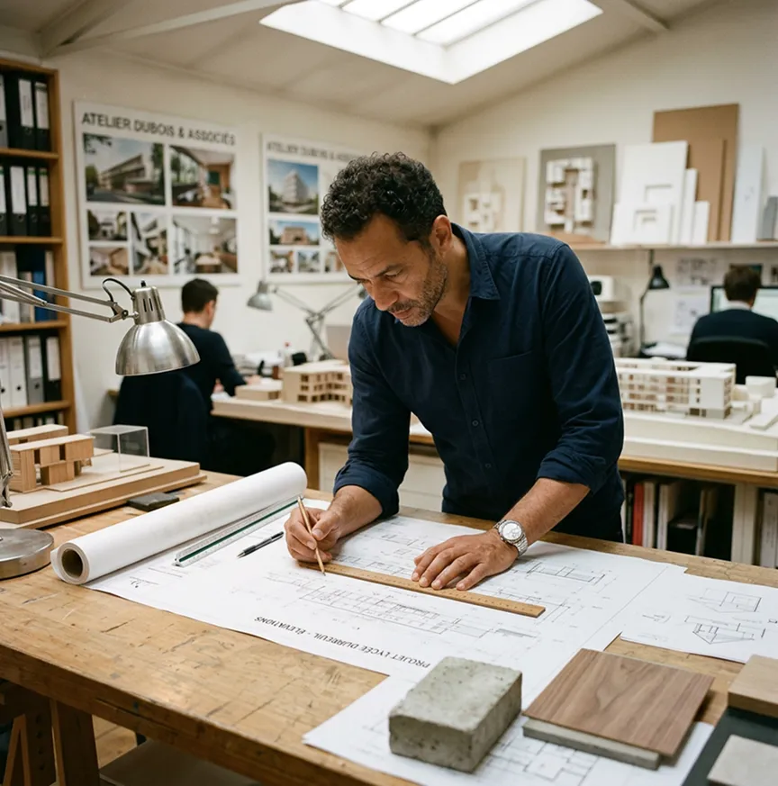 Architecte penché sur des plans à l'atelier | Mutuelle architecte