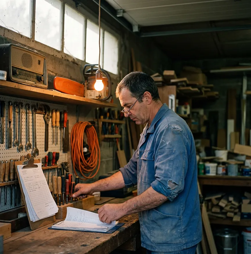 Artisan BTP auto-entrepreneur dans son atelier avec ses outils | Décennale auto-entrepreneur