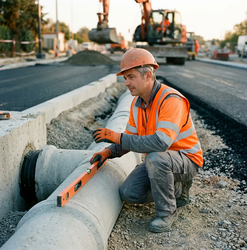 Technicien VRD contrôlant un réseau d'assainissement sur chantier | Décennale VRD