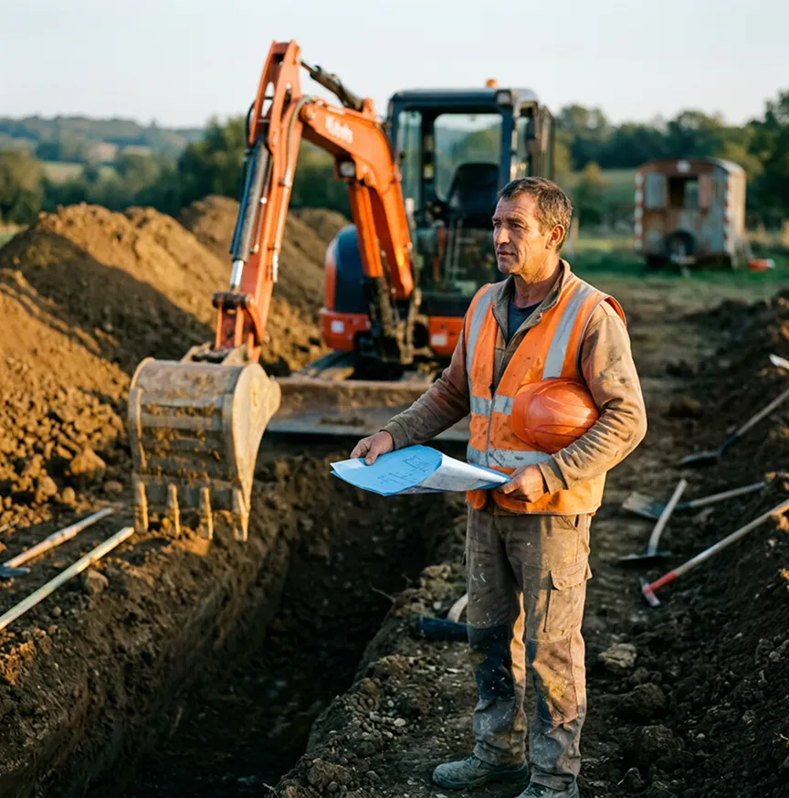 Terrassier sur chantier de fondations avec une mini-pelle | Décennale terrassier