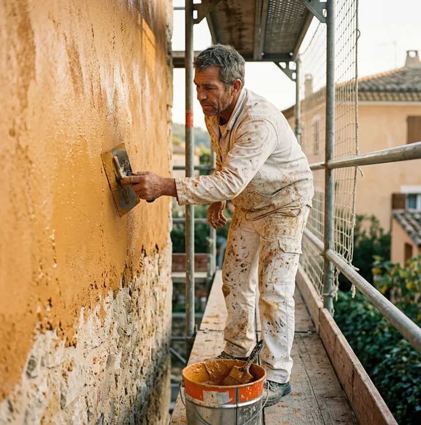 Façadier appliquant un enduit de façade sur échafaudage | Décennale façadier