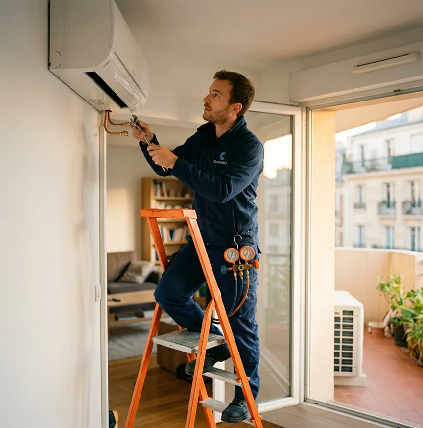 Climaticien installant un split de climatisation | Décennale climaticien