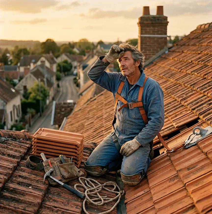 Couvreur artisan posant des tuiles en terre cuite sur une toiture | Décennale couvreur