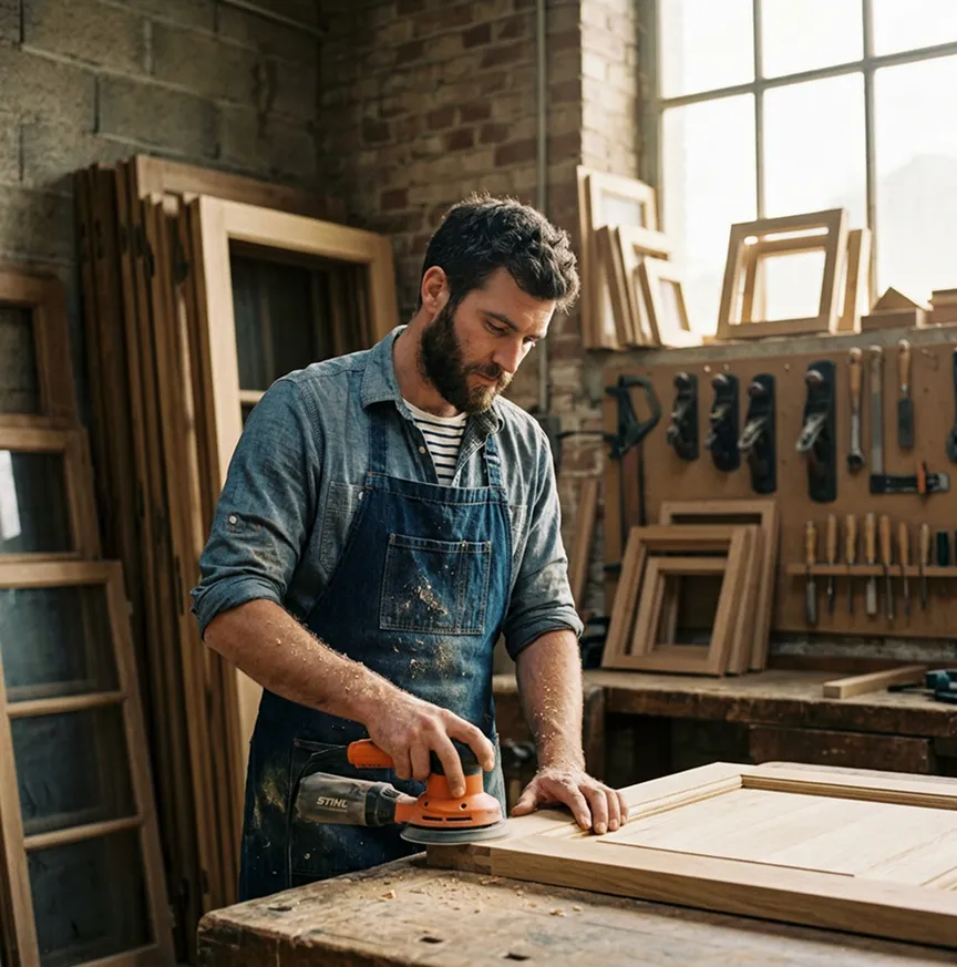 Menuisier artisan en atelier travaillant le bois | Décennale menuisier