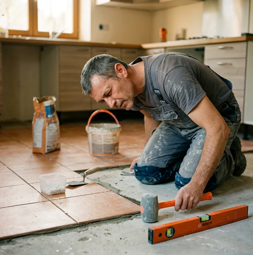 Carreleur artisan posant du carrelage sur un sol | Décennale carreleur