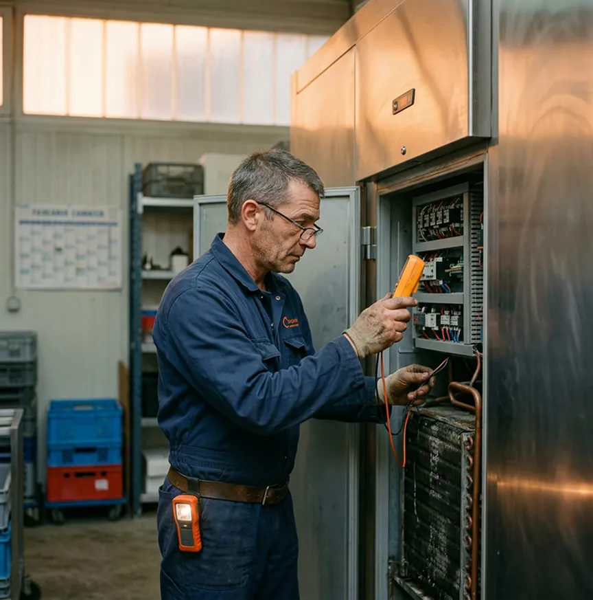 Technicien de maintenance inspectant une unité frigorifique industrielle | Bris de machine