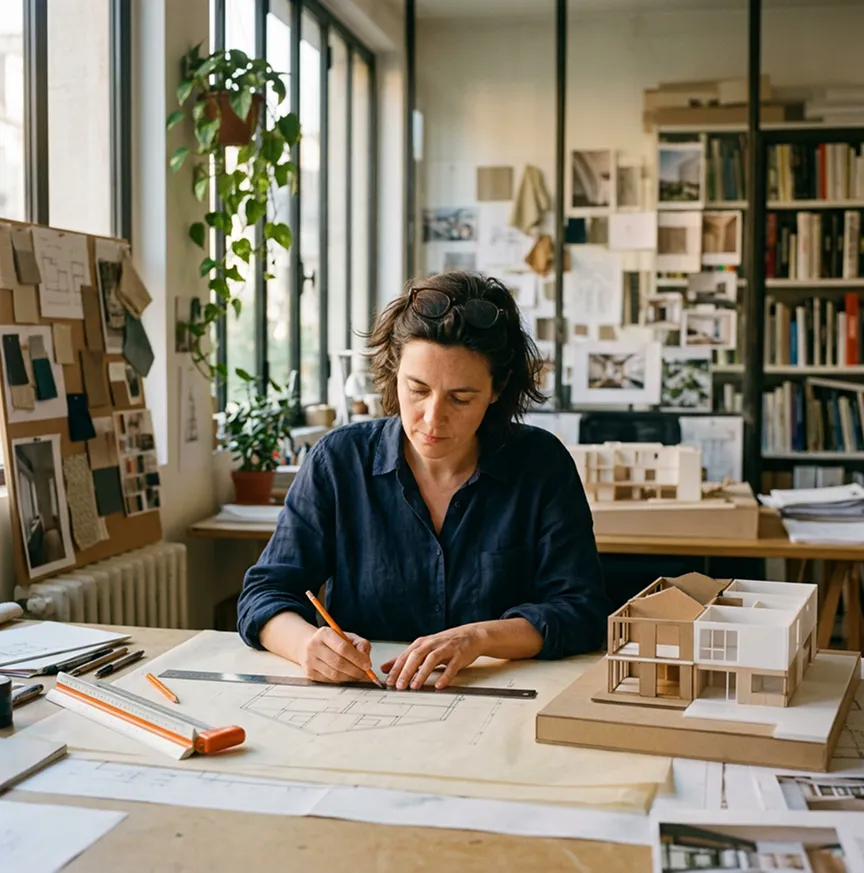Architecte travaillant sur plan technique en atelier | Assurance RC maître d'œuvre