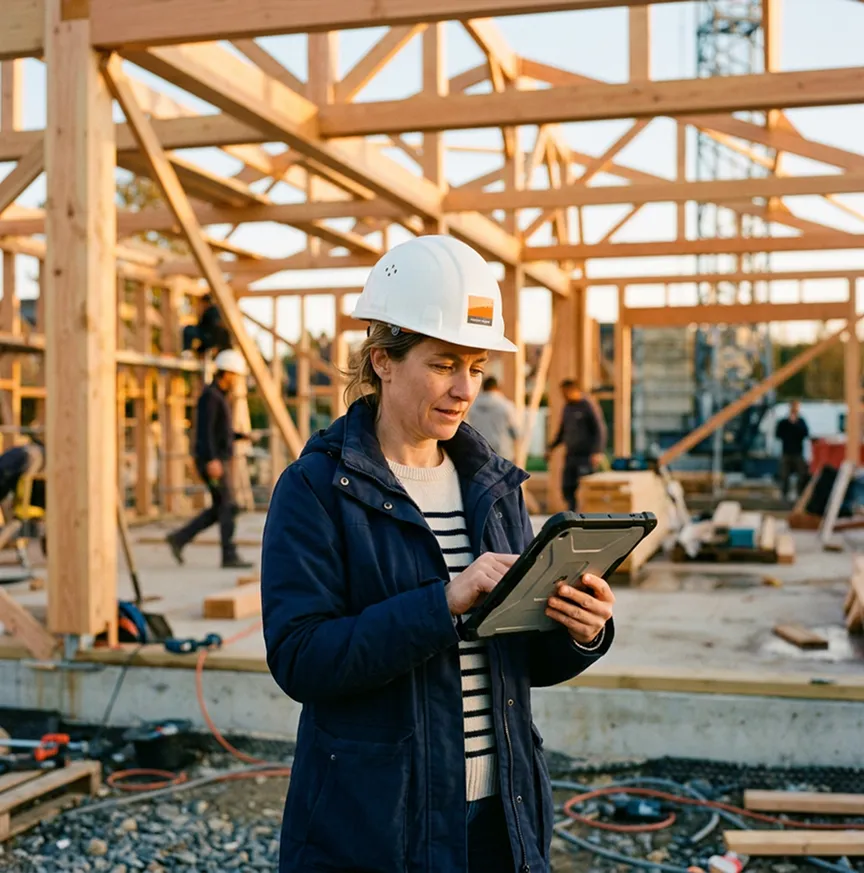 Maîtresse d'ouvrage avec casque sur chantier en cours de gros œuvre | Assurance tous risques chantier