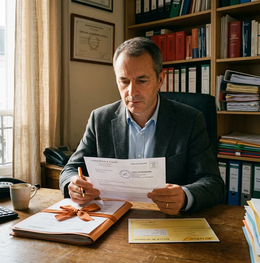 Dirigeant PME lisant une mise en demeure d'avocat dans son bureau, protection juridique entreprise SW Courtage