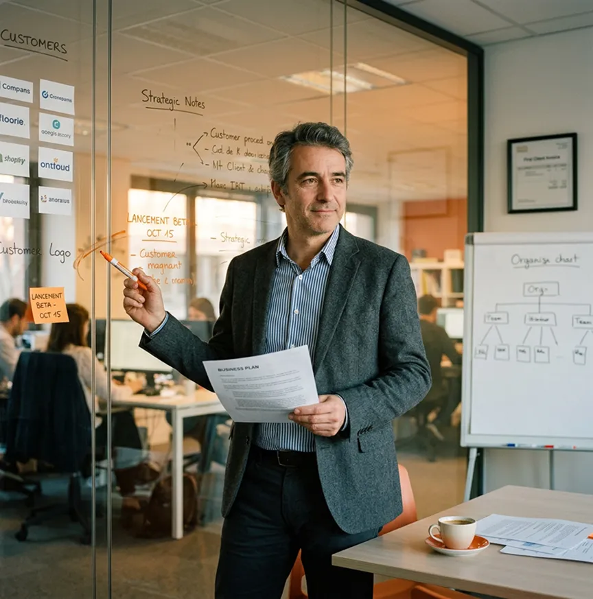 Fondateur-CEO de PME tech devant son tableau stratégique, assurance homme-clé SW Courtage