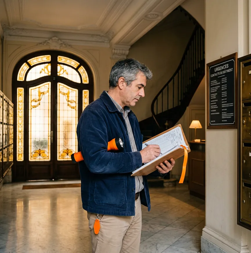 Syndic de copropriété en inspection dans une cage d'escalier d'immeuble haussmannien, multirisque immeuble MRI SW Courtage