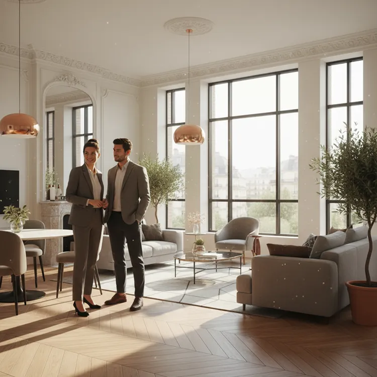Agent immobilier discutant d'un mandat avec un couple de clients dans son agence, garantie Hoguet SW Courtage