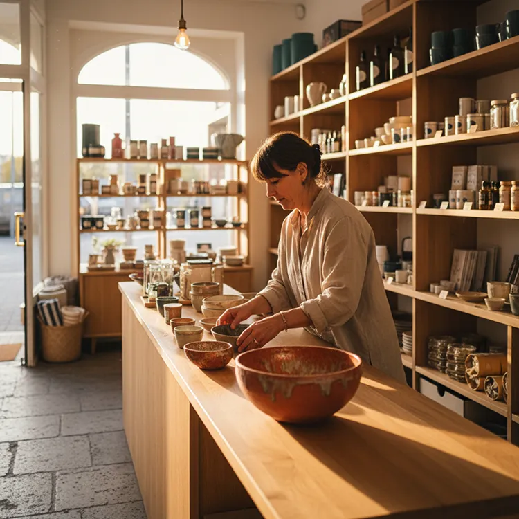 Commerçante arrangeant ses produits sur les étagères de sa boutique, multirisque commerce SW Courtage