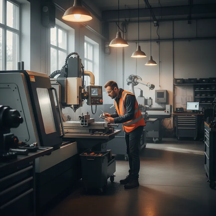 Opérateur industriel ETI manufacturing devant sa machine d'atelier, risques industriels SW Courtage