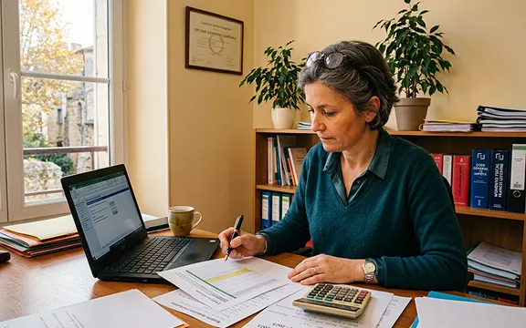 Profession libérale calculant sa déduction Madelin sur ordinateur, mutuelle TNS et fiscalité SW Courtage