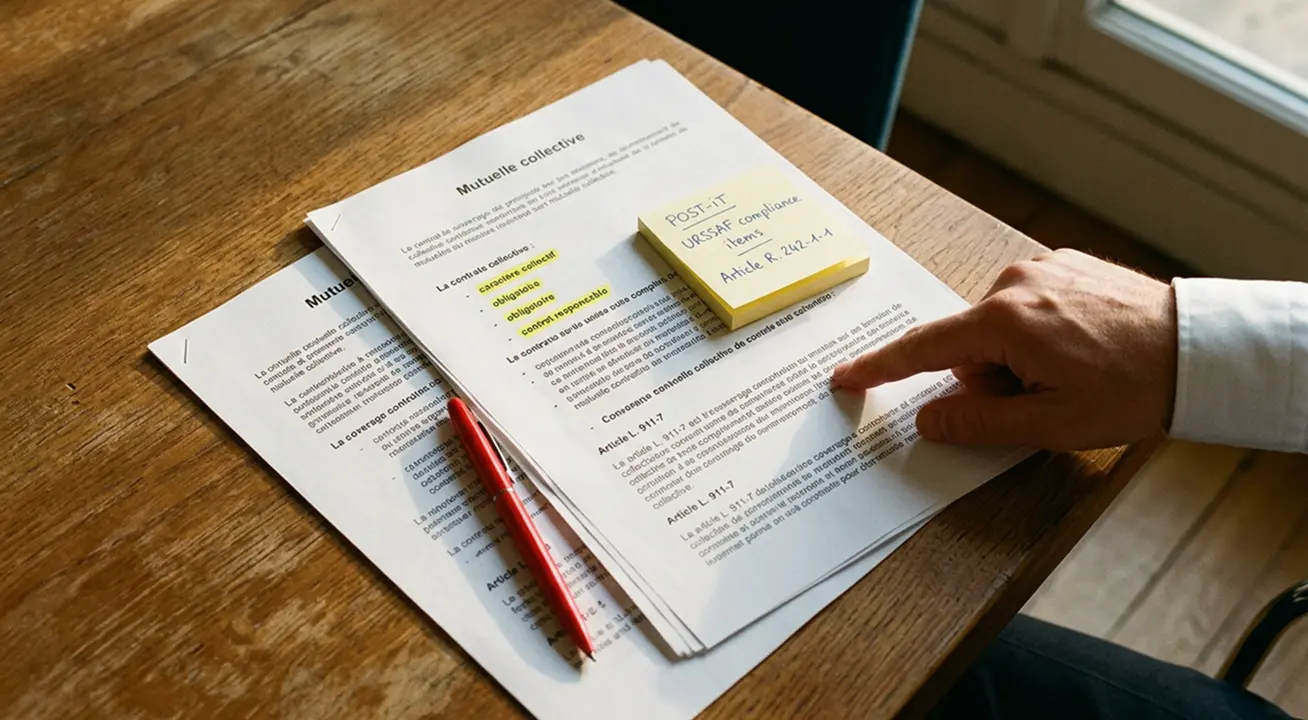 Audit d'un contrat mutuelle collective avec annotations URSSAF, conformité loi ANI SW Courtage