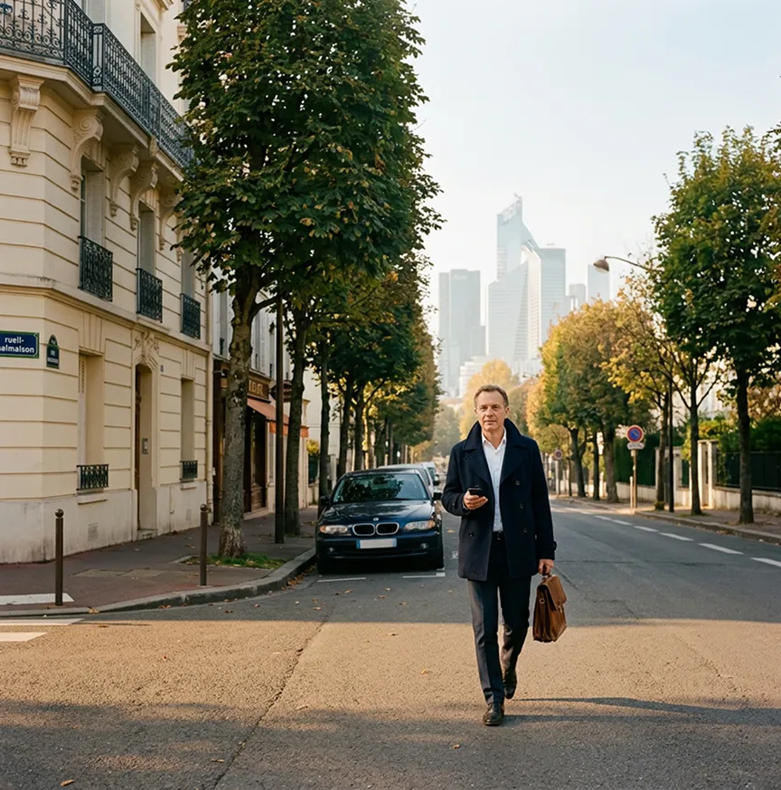 Vue d'un quartier tertiaire de Rueil-Malmaison avec les tours de Paris La Défense en arrière-plan, courtier en assurance entreprise SW Courtage